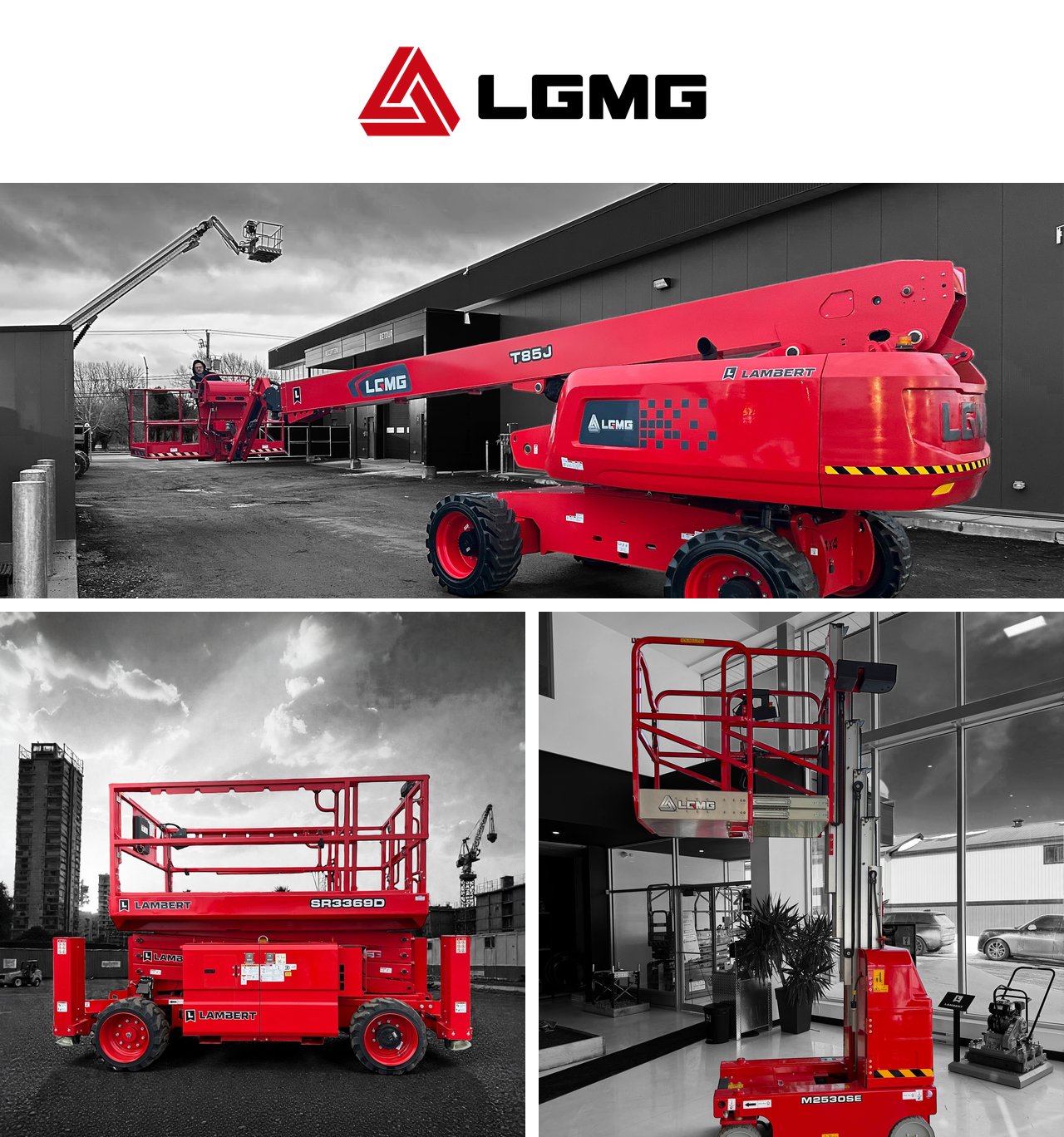 Gamme d'équipements LGMG distribués par Groupe Lambert — nacelle télescopique, plateforme à ciseaux et mât élévateur
